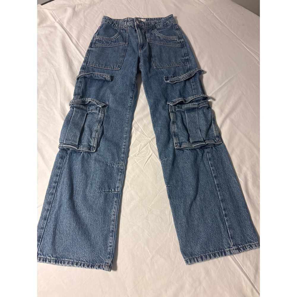 Garage Cargo Jeans Womens 04Blue Wide Leg High Rise Utility Denim